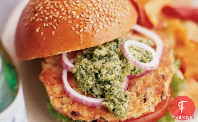 Hamburgery z łososia Wasabi z Edamame-pesto z kolendry