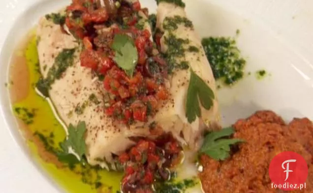 Parzona Dzika papryka W Paski Z Żółtym pieprzem Romesco, papryką czerwoną-czarną oliwką i natką pietruszki-olejem czosnkowym