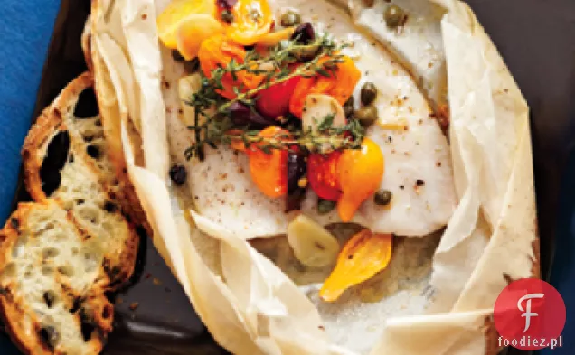Sole en Papillote z pomidorami i oliwkami