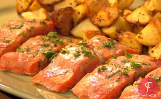 Pieczony łosoś Miso z cytryną i kolendrą z rozmarynem pieczony Yukons