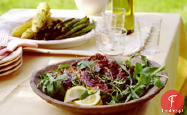 Grillowany Krab z miękkiej skorupki, kukurydza i szparagi z pesto z rukoli